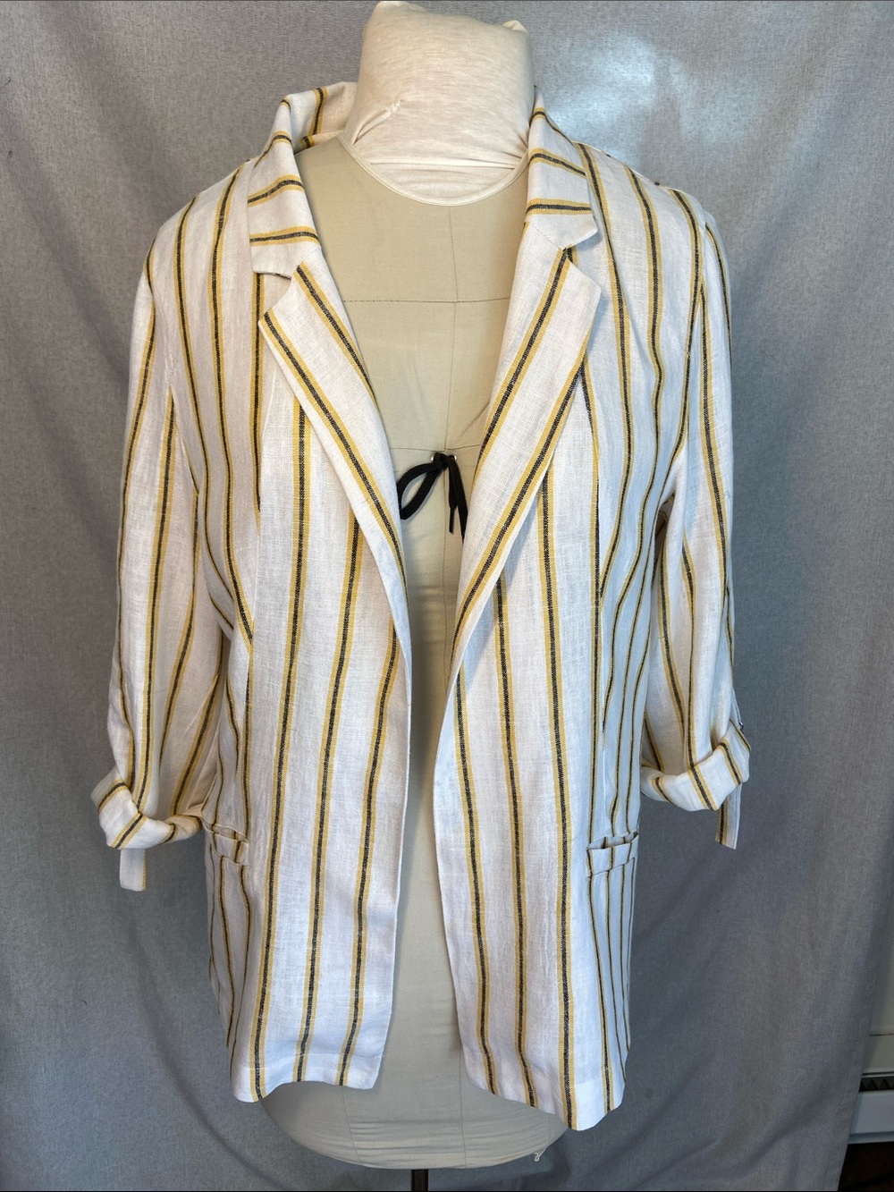 Love Tree White Blazer with Mustard & Blue Stripes. Size L